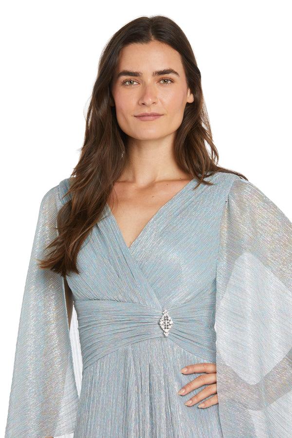 R&m Richards Metallic Chiffon Long Dress With Sheer Cape And Silver Pendant Waist Detail