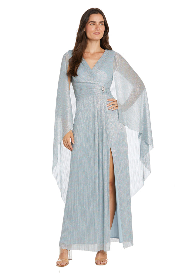 R&m Richards Metallic Chiffon Long Dress With Sheer Cape And Silver Pendant Waist Detail