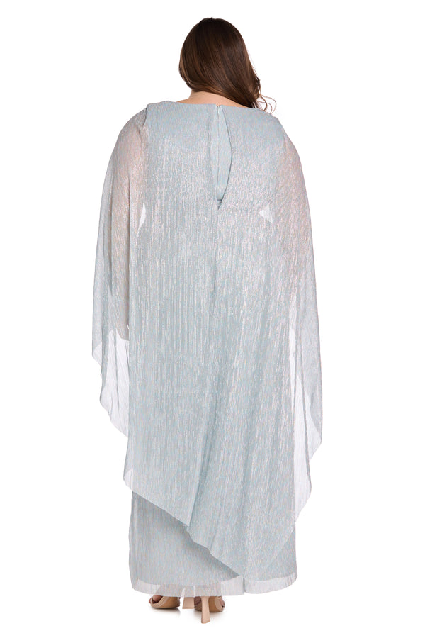 R&m Richards Metallic Chiffon Long Dress With Sheer Cape And Silver Pendant Waist Detail - Plus