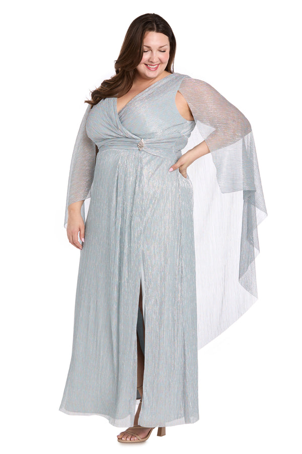 R&m Richards Metallic Chiffon Long Dress With Sheer Cape And Silver Pendant Waist Detail - Plus