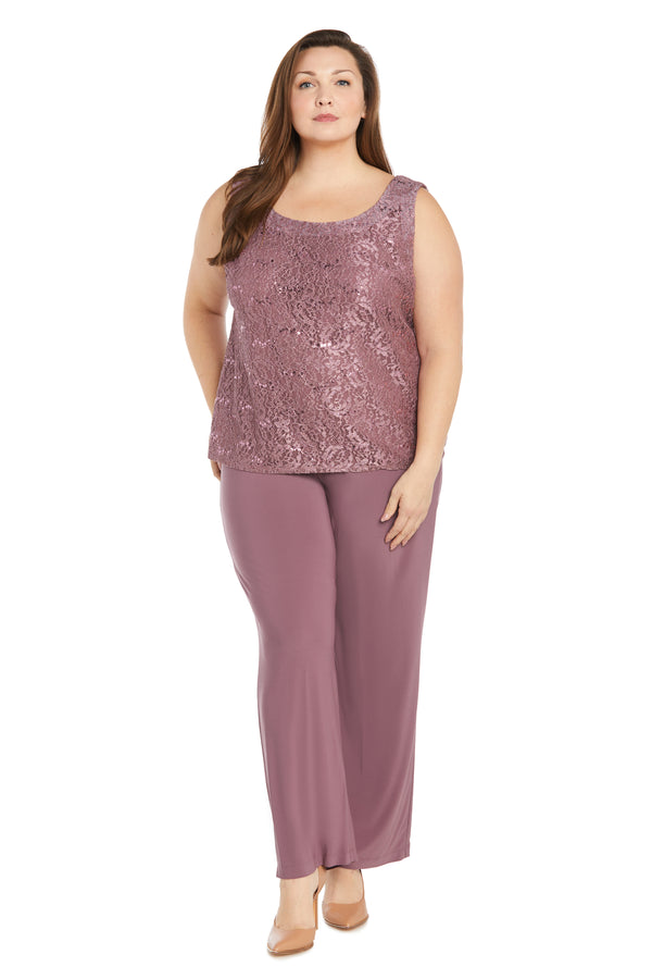 R&m Richards Metallic Lace Tank Top And Pant Set With Sheer Lace Jacket - Plus