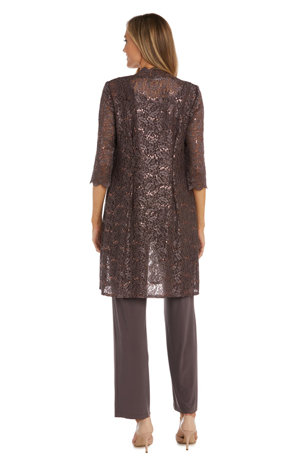 R&m Richards Metallic Lace Tank Top And Pant Set With Sheer Lace Jacket