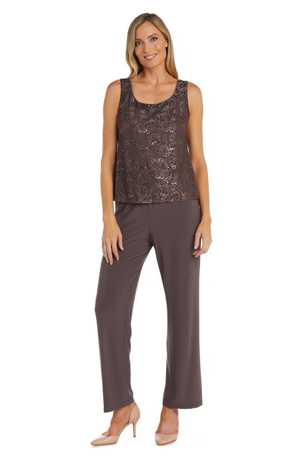 R&m Richards Metallic Lace Tank Top And Pant Set With Sheer Lace Jacket