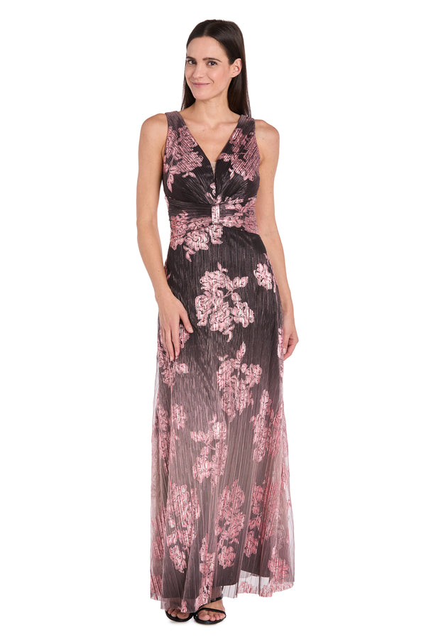 R&m Richards Metallic Ombre Floral Gown In Charcoal Rose - Petite