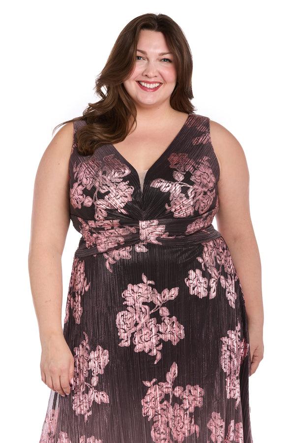 R&m Richards Metallic Ombre Floral Gown In Charcoal Rose - Plus