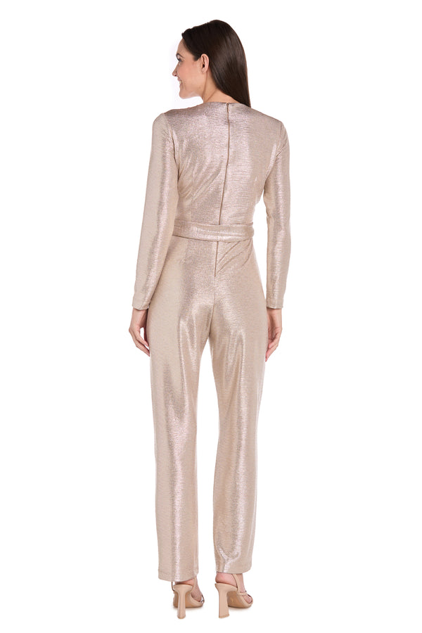 R&m Richards Metallic Pleated Long-Sleeve Jumpsuit With Tie Waist