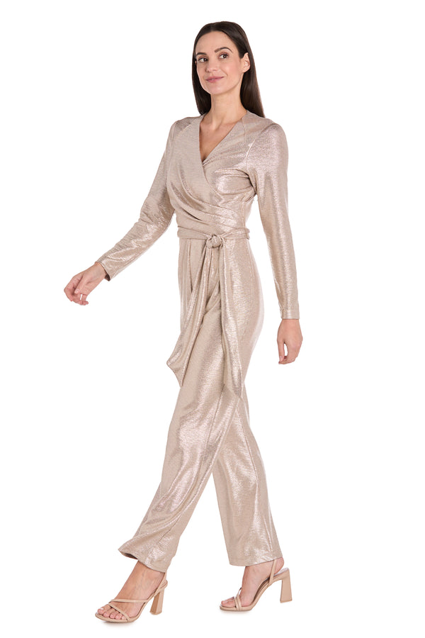 R&m Richards Metallic Pleated Long-Sleeve Jumpsuit With Tie Waist