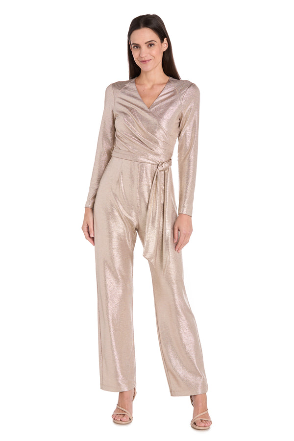 r&m richards Metallic Pleated Long-Sleeve Jumpsuit with Tie Waist
