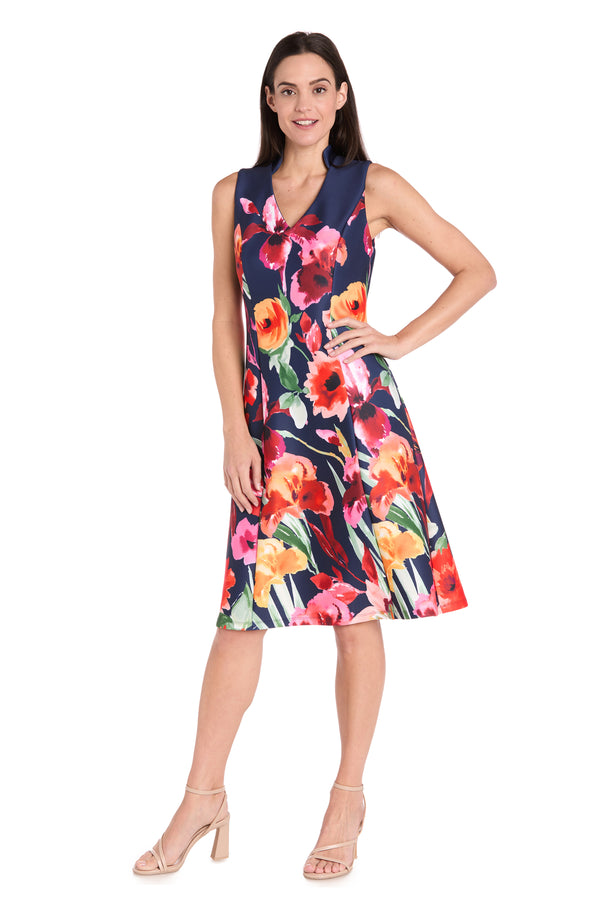 R&m Richards Navy Multi Bloom Sleeveless Dress - Petite