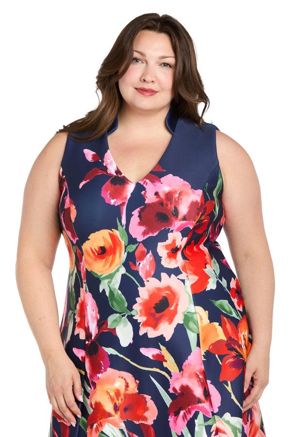 R&m Richards Navy Multi Bloom Sleeveless Dress - Plus