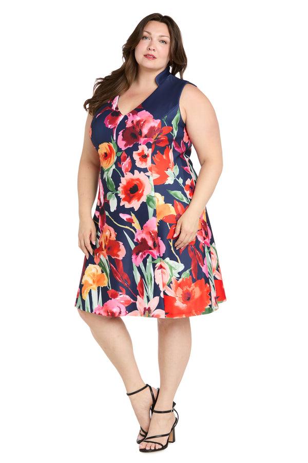 R&m Richards Navy Multi Bloom Sleeveless Dress - Plus