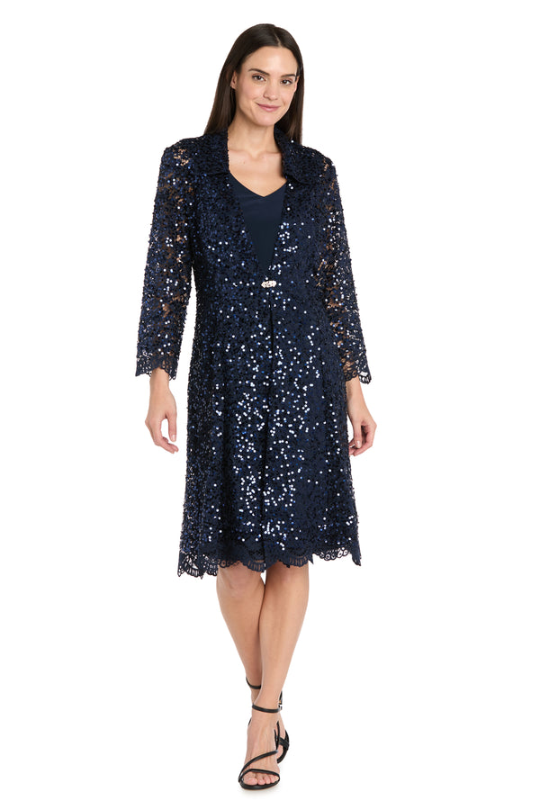 r&m richards Navy Sequin Jacket & Tank Dress Ensemble