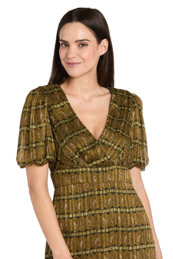 R&m Richards Olive Tiered Ruffle Dress With Balloon Sleeves