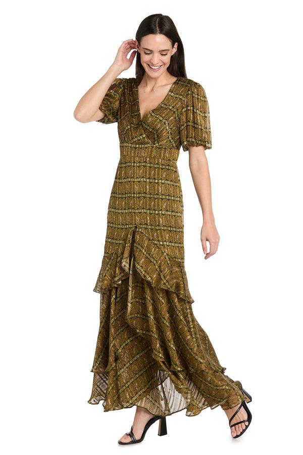 R&m Richards Olive Tiered Ruffle Dress With Balloon Sleeves