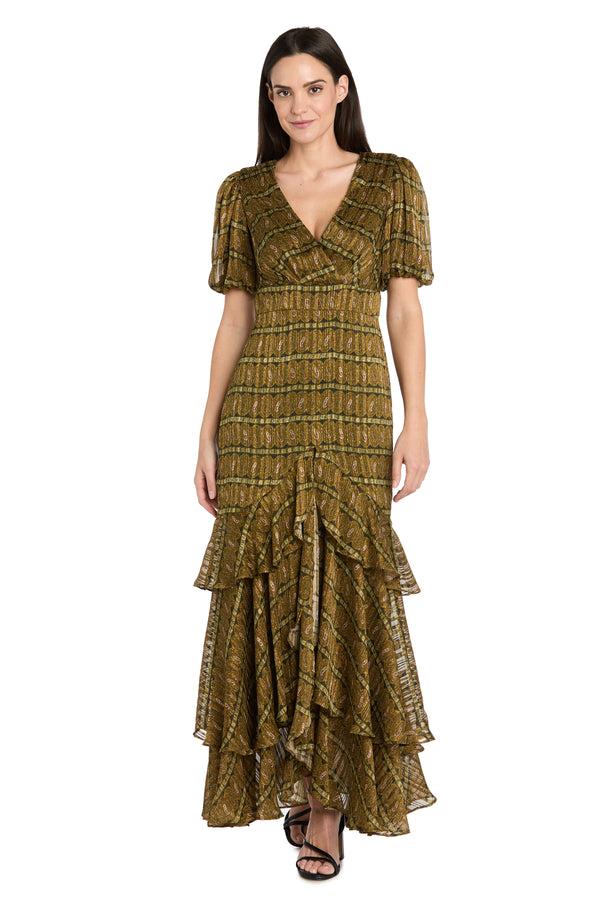 r&m richards Olive Tiered Ruffle Dress with Balloon Sleeves