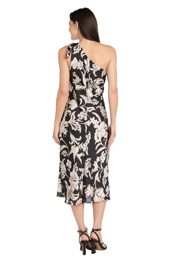 R&m Richards One-Shoulder Black & Ivory Satin Midi Dress With Bow Detail