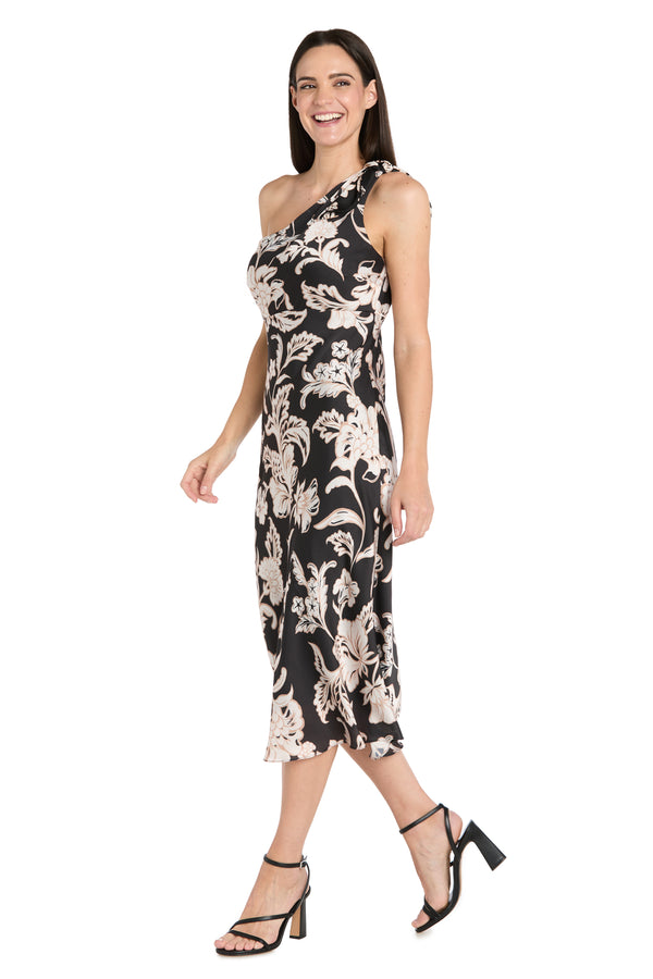 R&m Richards One-Shoulder Black & Ivory Satin Midi Dress With Bow Detail