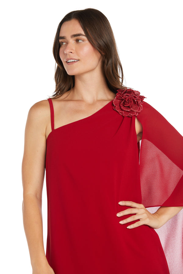 R&m Richards One-Shoulder Cocktail Dress With Glitter Flower And Back Cape