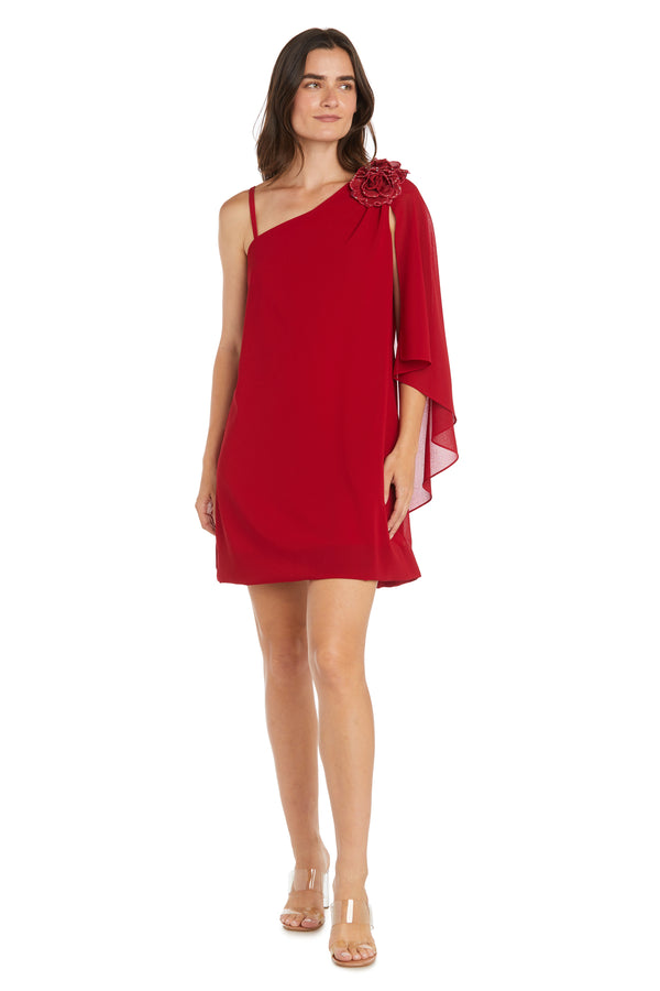 R&m Richards One-Shoulder Cocktail Dress With Glitter Flower And Back Cape