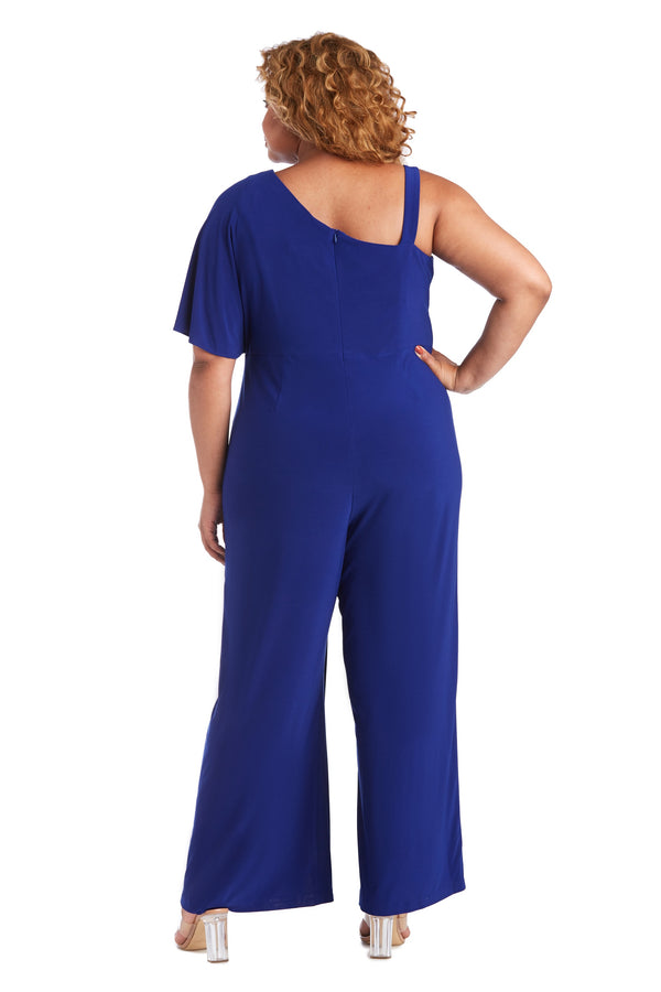 R&m Richards One-Shoulder Flare Jumpsuit With Overlay And Draped Sleeves - Plus