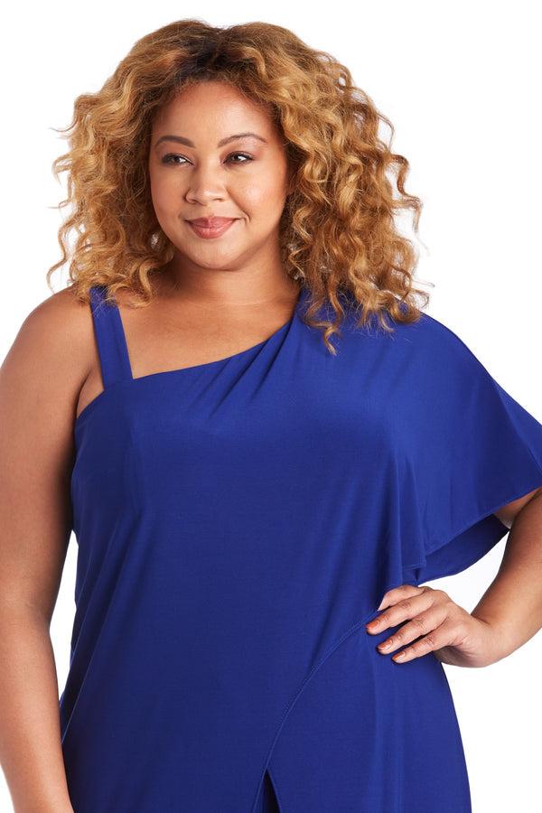 R&m Richards One-Shoulder Flare Jumpsuit With Overlay And Draped Sleeves - Plus