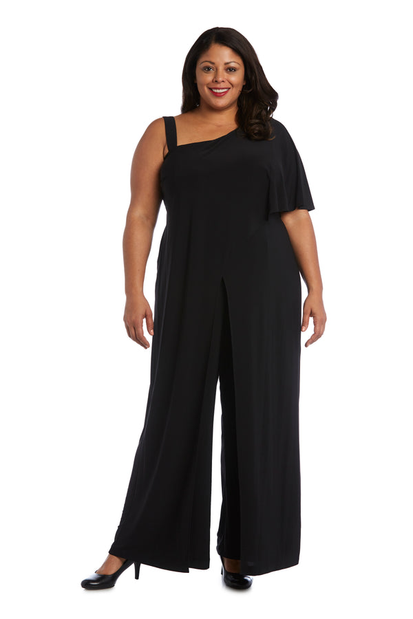 R&m Richards One-Shoulder Flare Jumpsuit With Overlay And Draped Sleeves - Plus