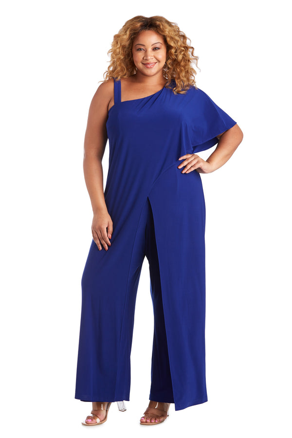 r&m richards One-Shoulder Flare Jumpsuit with Overlay and Draped Sleeves - Plus