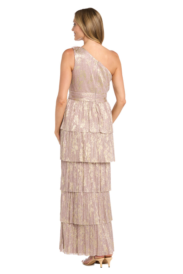 R&m Richards One-Shoulder Metallic Gown With Gold Floral Design And Five-Layered Skirt