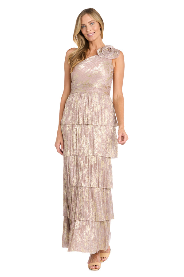 R&m Richards One-Shoulder Metallic Gown With Gold Floral Design And Five-Layered Skirt