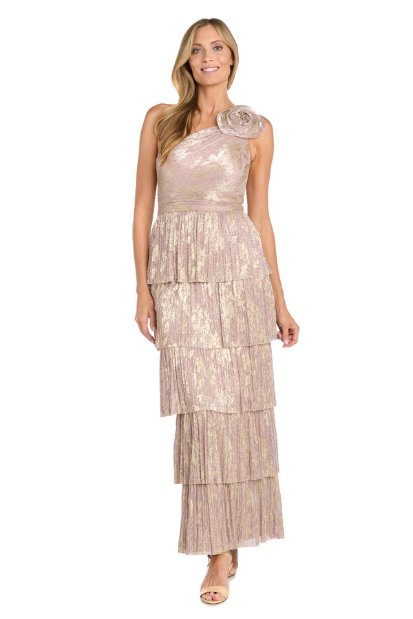 r&m richards One-Shoulder Metallic Gown with Gold Floral Design and Five-Layered Skirt