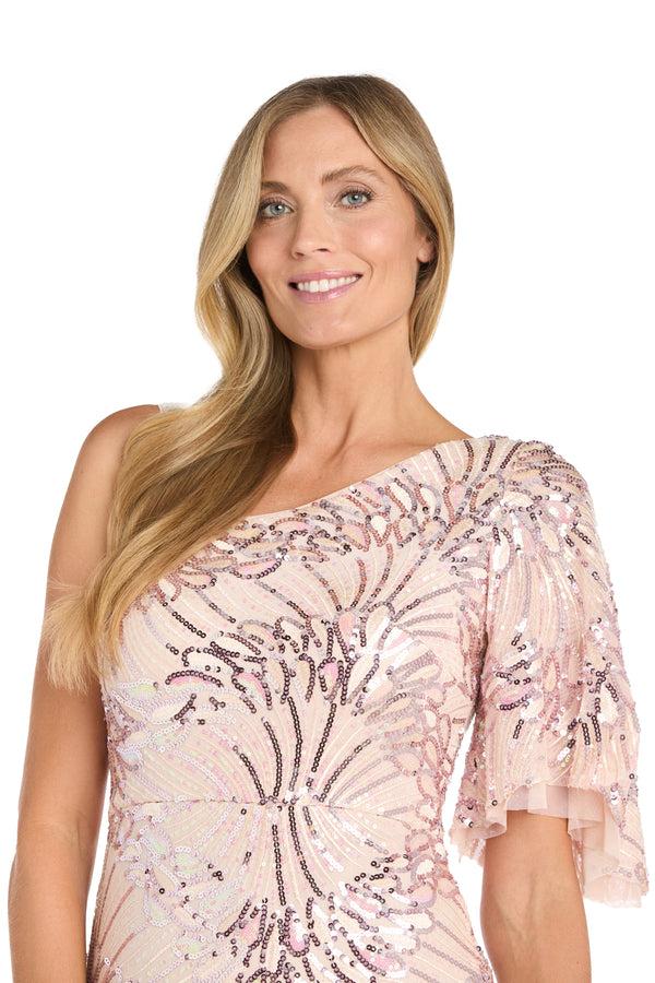 R&m Richards One-Shoulder Sequin Long Dress With Flutter Sleeve