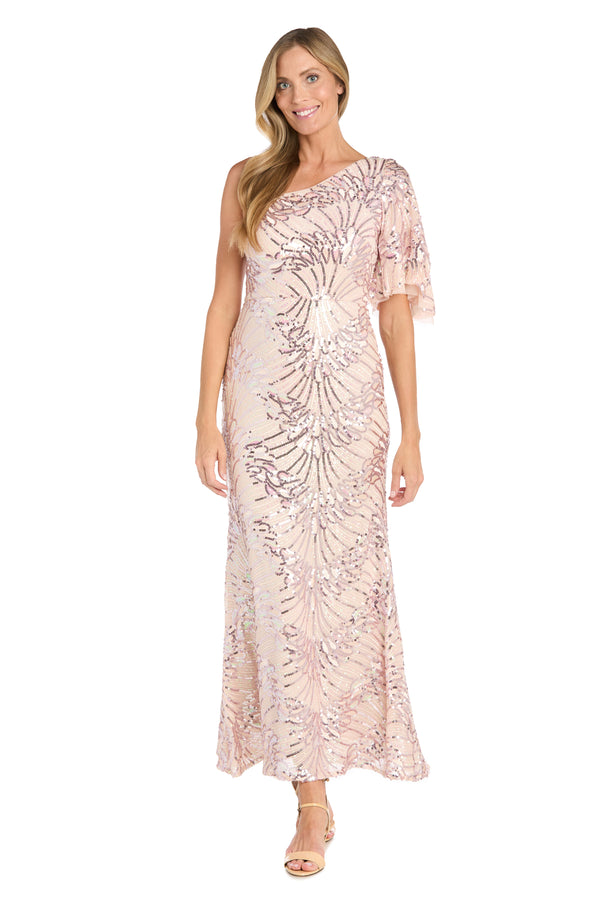 R&m Richards One-Shoulder Sequin Long Dress With Flutter Sleeve