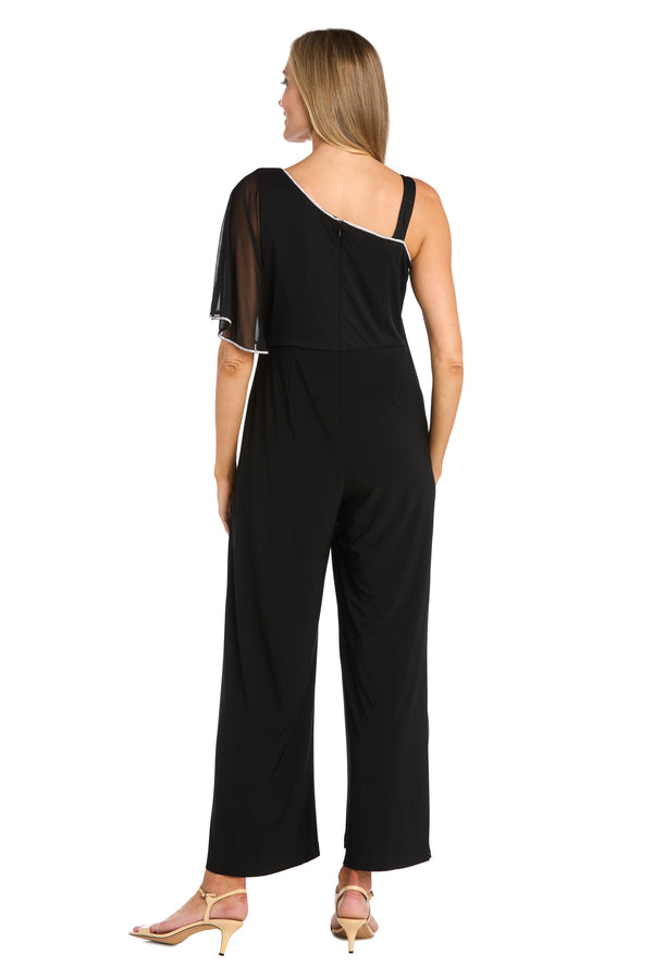 R&m Richards One-Shoulder Sheer Cape Black Jumpsuit