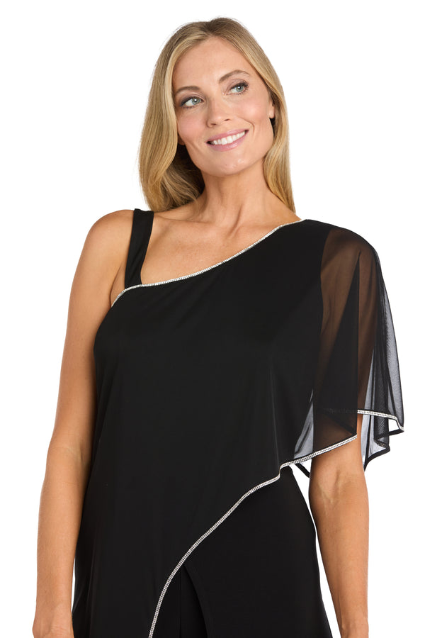 R&m Richards One-Shoulder Sheer Cape Black Jumpsuit