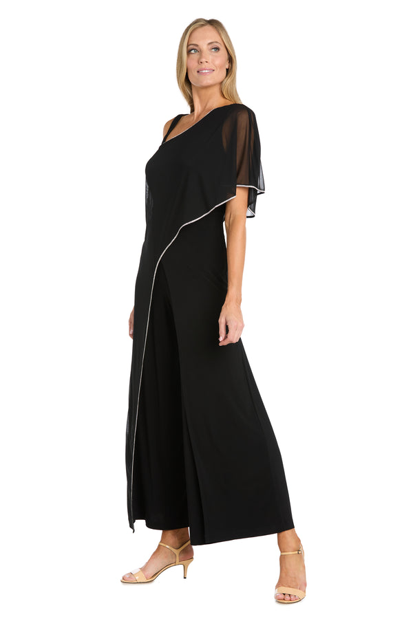 R&m Richards One-Shoulder Sheer Cape Black Jumpsuit