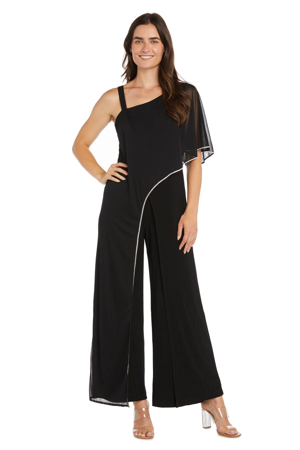 r&m richards One-Shoulder Sheer Cape Black Jumpsuit-Petite