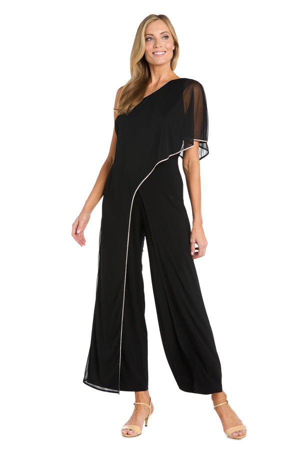 r&m richards One-Shoulder Sheer Cape Black Jumpsuit