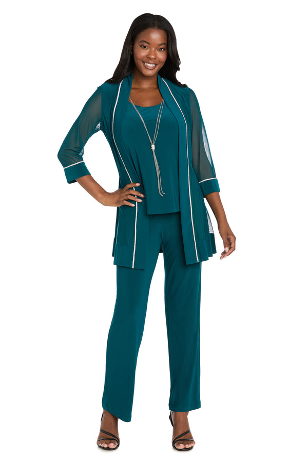 r&m richards Pantsuit with Illusion Sleeves and Rhinestone Trim