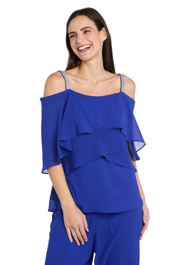 R&m Richards Pantsuit With Rhinestone Straps And Ruffle Top