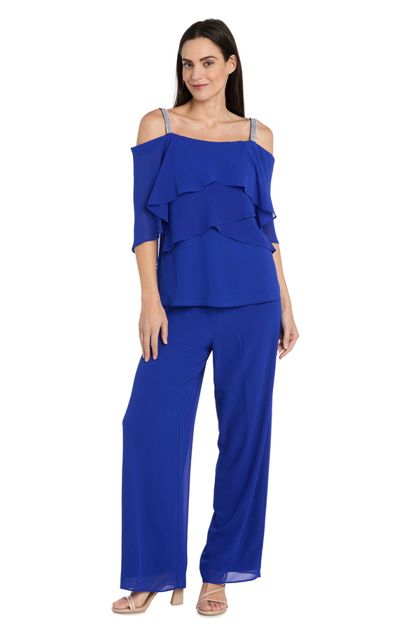 R&m Richards Pantsuit With Rhinestone Straps And Ruffle Top
