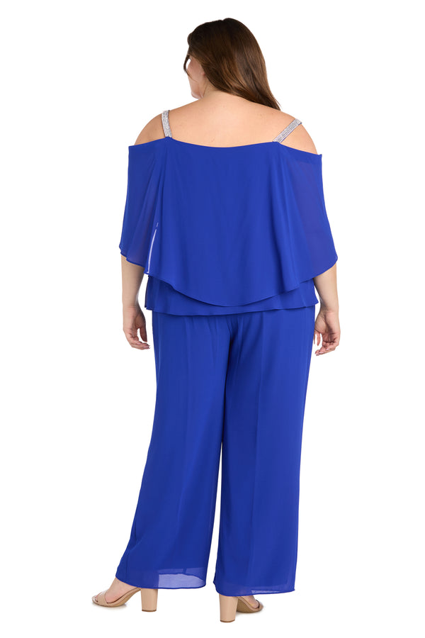 R&m Richards Pantsuit With Rhinestone Straps And Ruffle Top - Plus