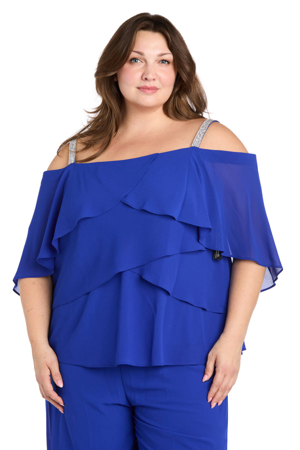 R&m Richards Pantsuit With Rhinestone Straps And Ruffle Top - Plus