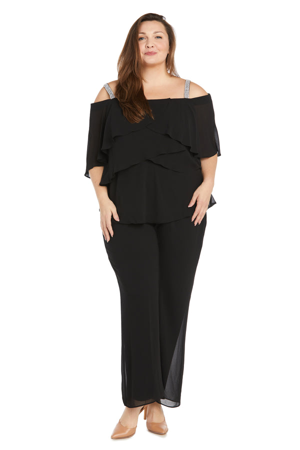 R&m Richards Pantsuit With Rhinestone Straps And Ruffle Top - Plus