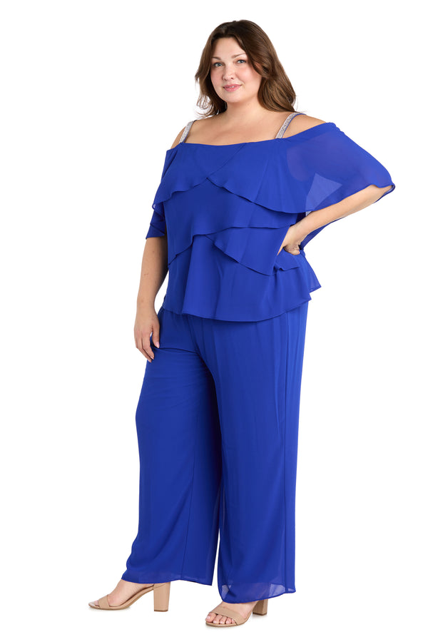 r&m richards Pantsuit with Rhinestone Straps and Ruffle Top - Plus