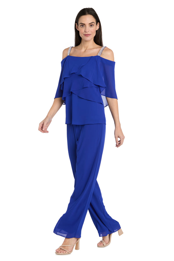 r&m richards Pantsuit with Rhinestone Straps and Ruffle Top