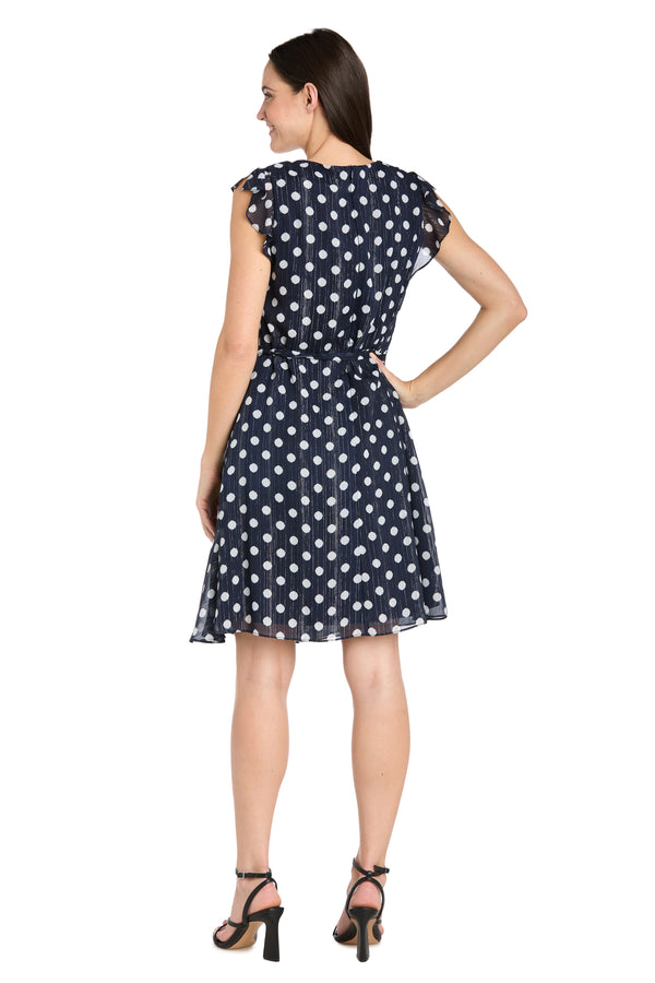 R&m Richards Polka Dot Chiffon Dress With Ruffled Sleeves And Corkscrew Waist Detail - Petite