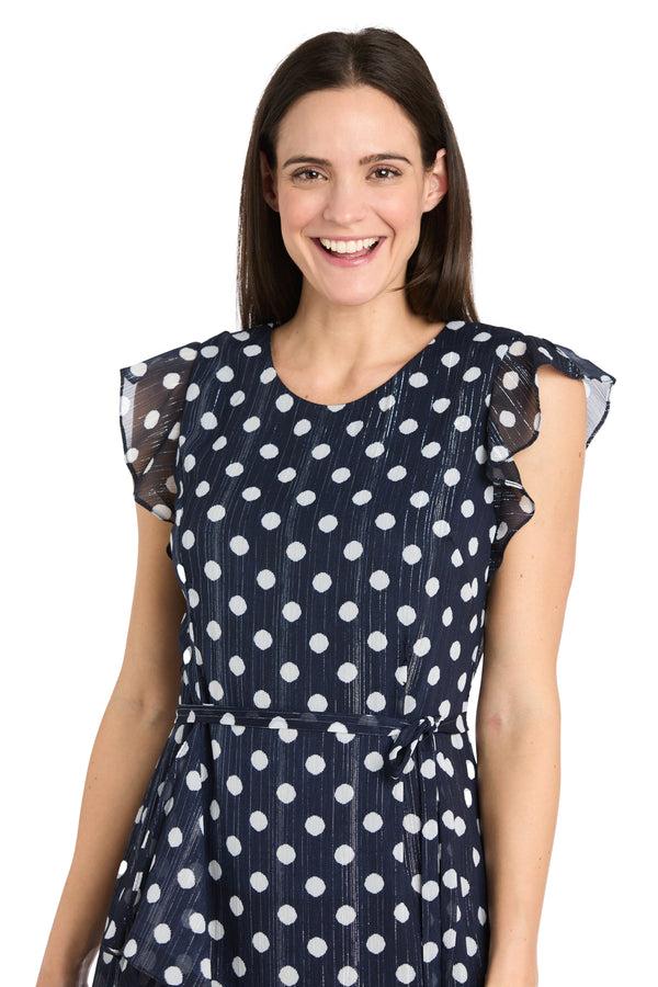 R&m Richards Polka Dot Chiffon Dress With Ruffled Sleeves And Corkscrew Waist Detail - Petite