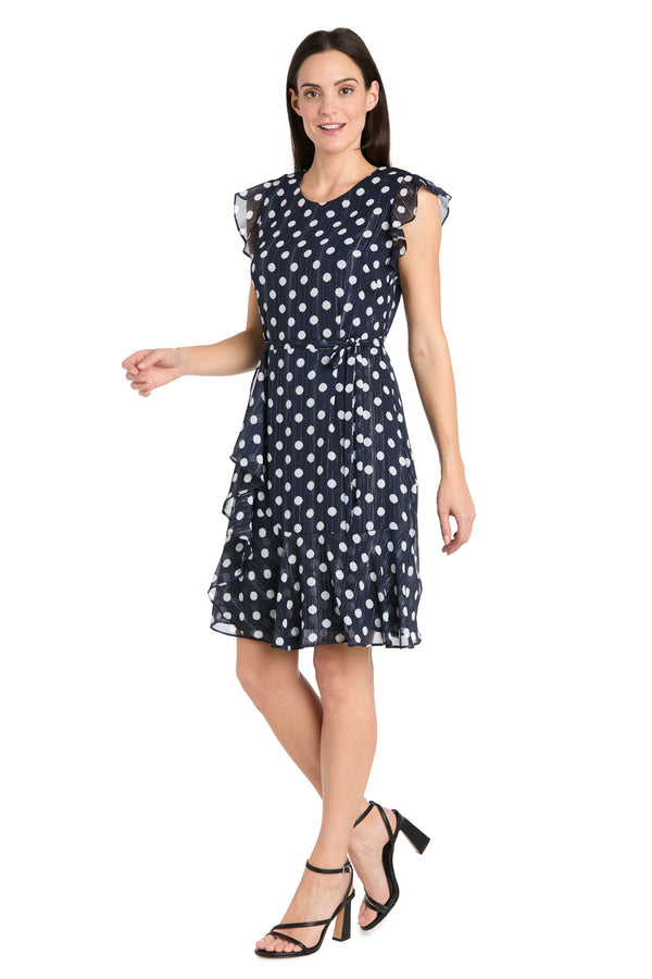 R&m Richards Polka Dot Chiffon Dress With Ruffled Sleeves And Corkscrew Waist Detail - Petite