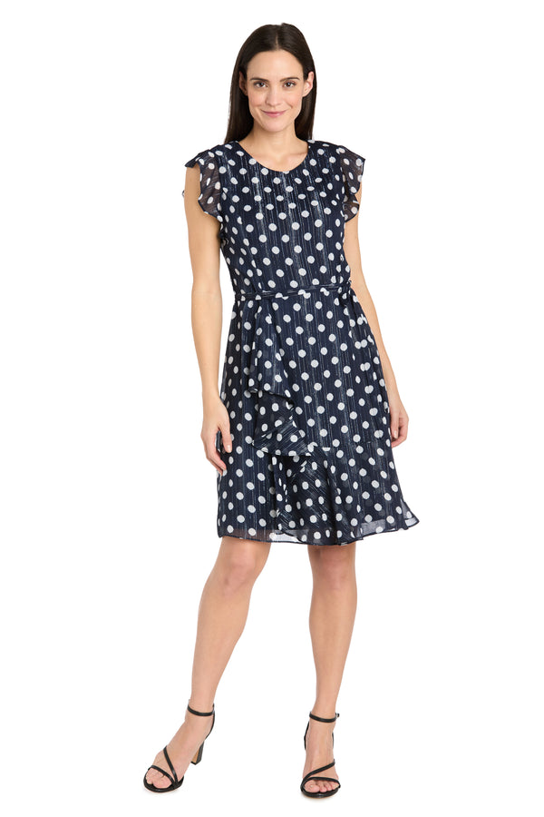 r&m richards Polka Dot Chiffon Dress with Ruffled Sleeves and Corkscrew Waist Detail - Petite