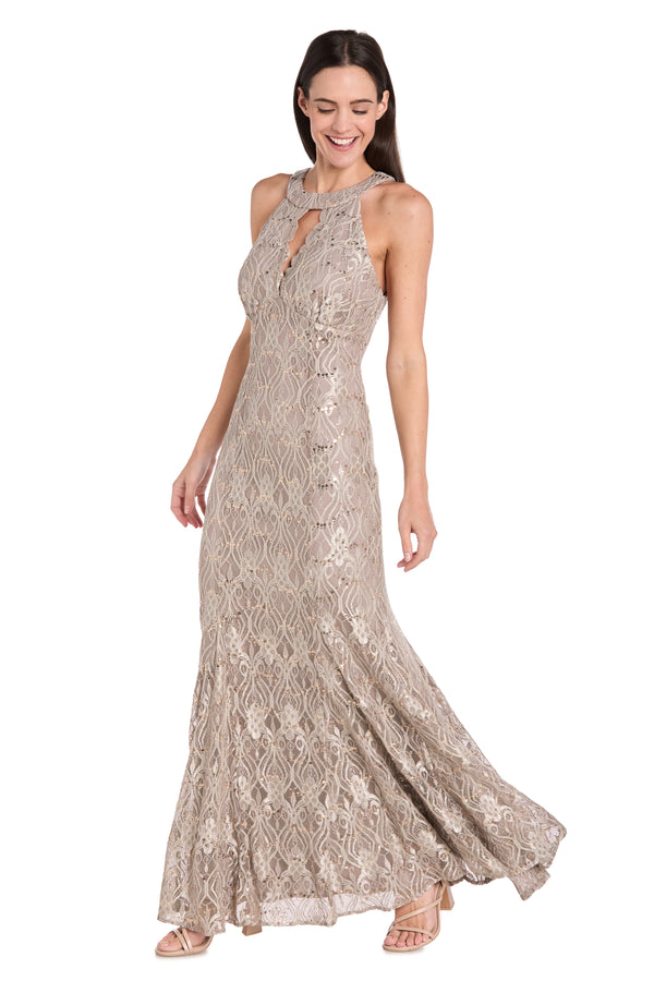 R&m Richards Elegant High-Neck Lace Gown